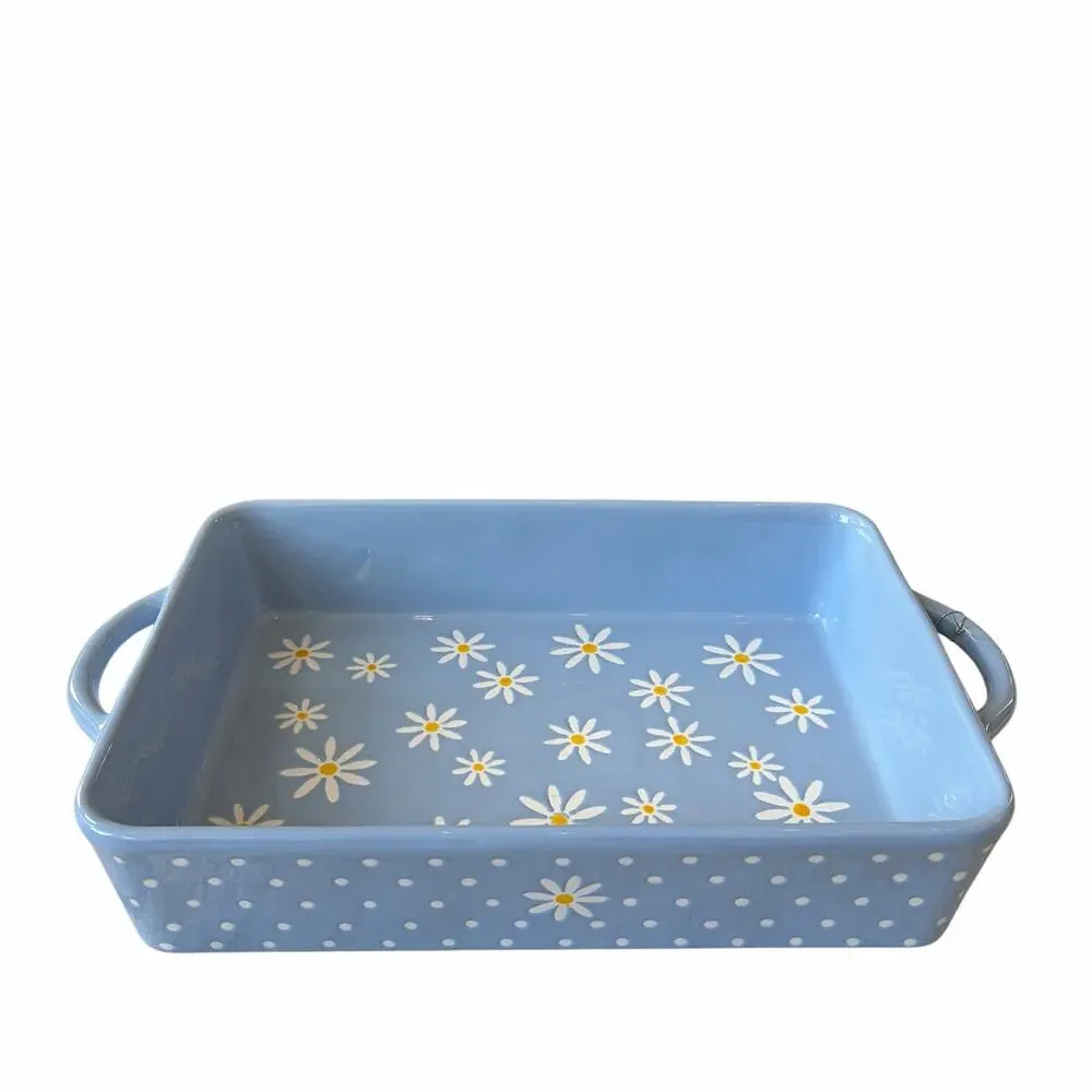 10 Strawberry Street Daisy Rectangular Baker 12x8 Blue Polka Dot NEW